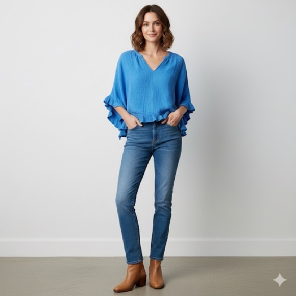 Xirena Cotton Gauze Ruffle V Neck Top Small Blue - Picture 2 of 11